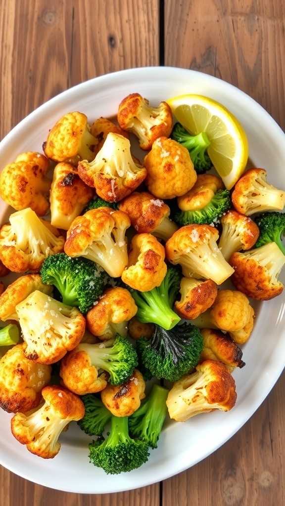 Roasted Cauliflower and Broccoli Medley Roasted cauliflower and broccoli medley on a white plate, garnished with lemon and Parmesan.